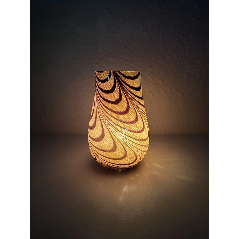 Teleflora Brown Iridescent Peach Opaque Art Glass Vase W/ Swirl Design 7
